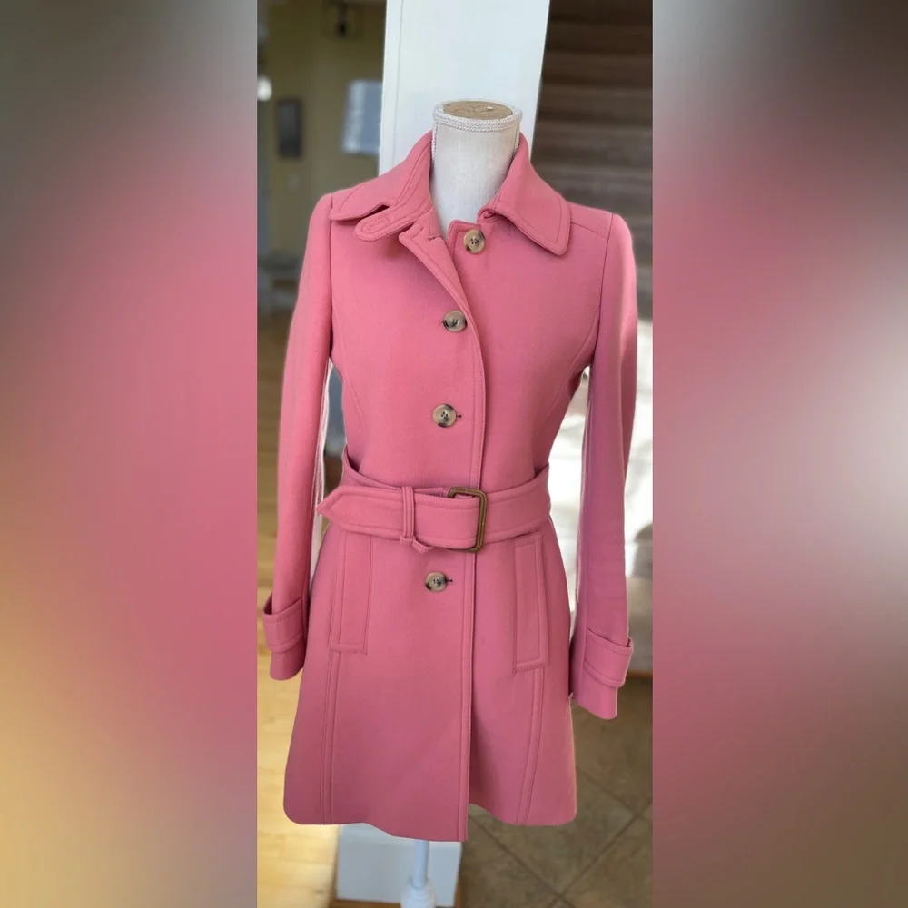 J. Crew Pink Double Cloth Wool  Trench Coat- Size 4 - Picture 3 of 16